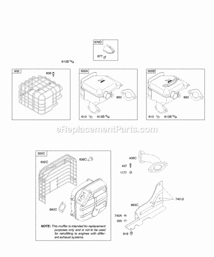Exhaust System Diagram and Parts List for 20E114-0927-E1  Briggs and Stratton Engine